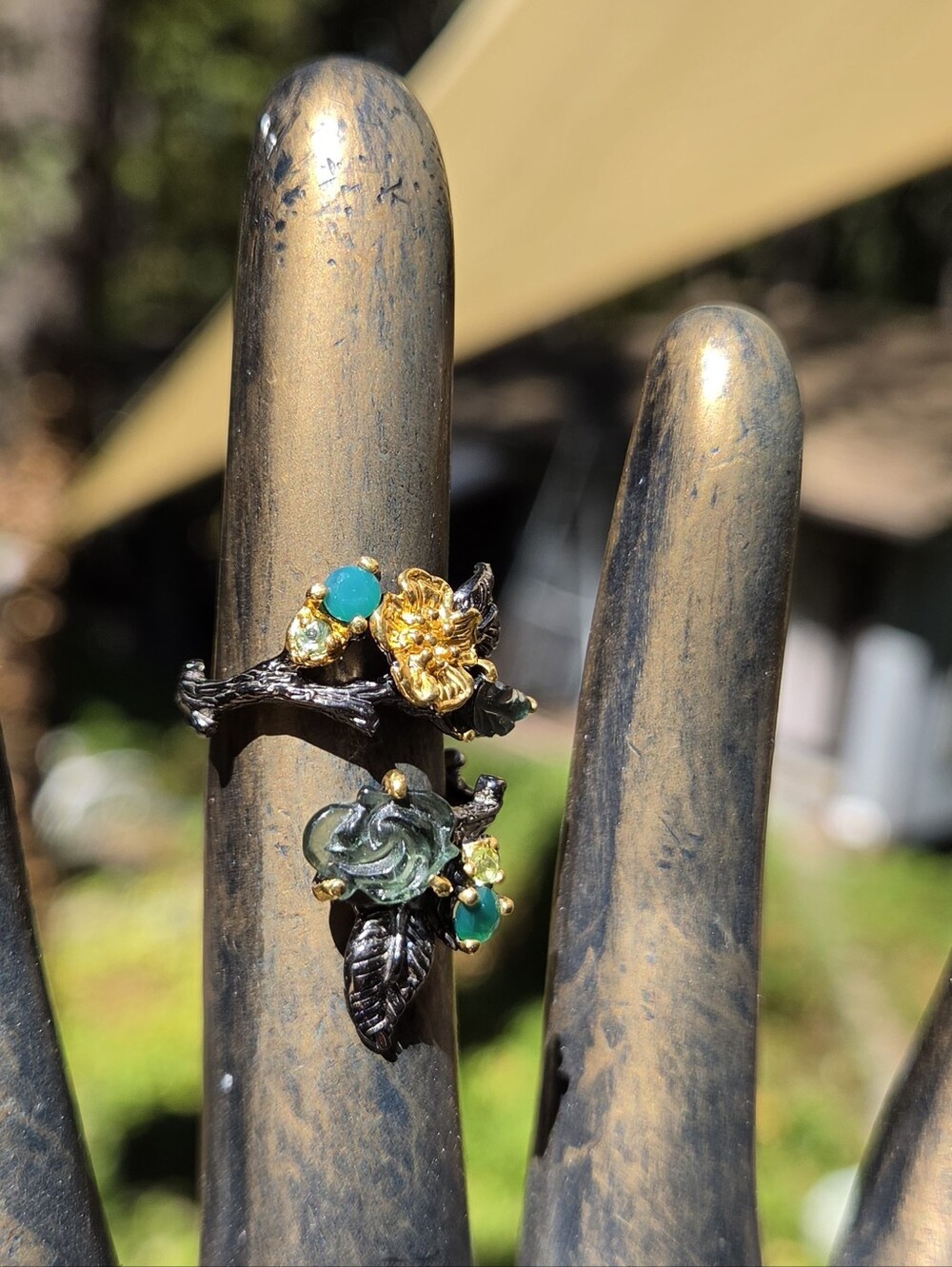 Tourmaline Peridot&Green Onyx Sterling Rhodium&Gold Floral Finger Cuff 6.25 - Picture 6 of 10
